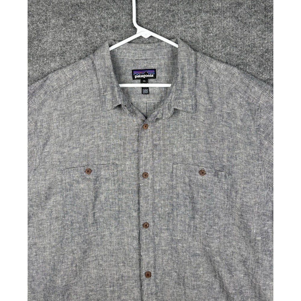 Patagonia Men's XXL Hemp Organic Cotton Camp Shirt Gray Stripe Button Down